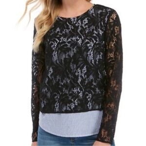 Crown & Ivy Black Lace & Blue & White Long Sleeve Top Size S NWT